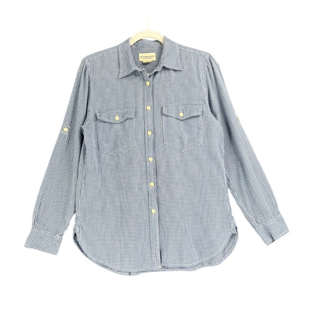 Denim‎ & Supply Ralph Lauren Shirt Womens XS Blue Gingham Cotton Roll Tab Sleeve